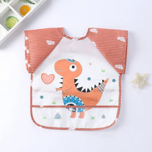 Bavoir tablier à manches longues blanc et orange avec t-rex cartoon lunettes bleues et manches rayées pour enfant
