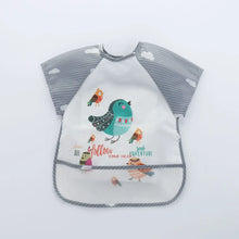 Bavoir tablier à manches longues blanc avec manches rayées gris et motif oiseau coloré joyeux pour enfant