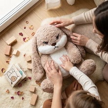 Peluche lapin blanc beige et blanc avec longues oreilles tombantes visage brodé et texture douce en peluche lapin