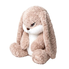 Peluche lapin blanc beige avec oreilles longues, visage et ventre blancs, yeux rouges et détails cousus à l’air fâché