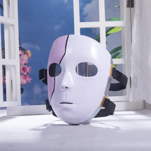 Masque blanc de soirée halloween pour adulte avec ouvertures yeux en mesh noir, sangles réglables et boucles dorées