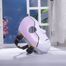 Masque blanc de soirée halloween pour adulte avec design bicolore rose et blanc, détails noirs et attaches dorées ajustables