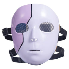 Masque blanc de soirée halloween pour adulte en finition brillante blanc et lavande avec ouverture en mesh noir et sangles réglables