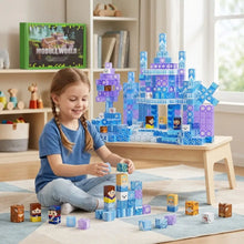 Une construction modulaire bleue et violette avec blocs magnétiques et aimants intégrés décorée de flocons et figurines