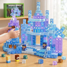 Un château modulaire bleu et violet avec motifs de flocons et figurines en blocs magnétiques de construction magnétiques avec aimants intégrés