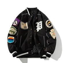 Blouson jacket baseball homme noir avec écussons brodés colorés, quilting intérieur et style varsity classique