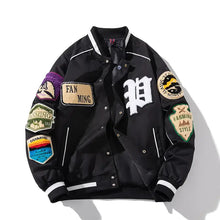 Blouson jacket baseball homme noir avec écussons brodés colorés et lettre d blanche style varsity coupe confortable
