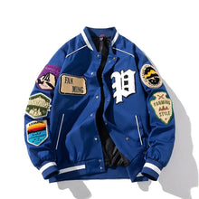 Blouson jacket baseball homme bleu avec écussons brodés et coupe confortable style varsity avec bordure blanche