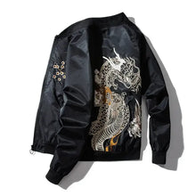 Blouson bomber dragon noir avec broderie blanche et or de dragon et fleurs idéal pour déguisement carnaval magasins de jouets