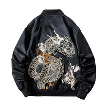 Blouson jacket bomber dragon en satin noir avec broderie de dragon or et blanc idéal pour déguisement carnaval