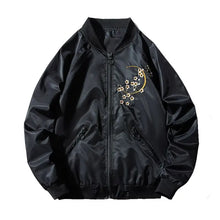 Blouson jacket bomber dragon en satin noir avec broderie or lune croissante et fleurs idéal déguisement carnaval magasins de jouets