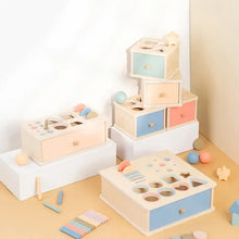 Boîte de tri en bois à tiroir pastel avec formes géométriques pour version choisie ou déguisement carnaval