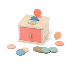 Boîte de tri en bois à tiroir pastel avec tiroir rose et formes colorées, version choisie pour déguisement carnaval
