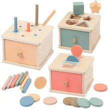 Boîte de tri en bois à tiroir pastel avec formes géométriques et bâtonnets idéale pour version choisie déguisement carnaval