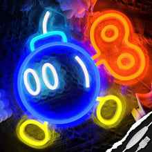 Lampe néon bombe rétro bleue avec yeux blancs lumineux et fusée pour décoration gaming lumineuse et vibrante
