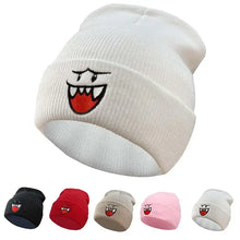 Bonnet brodé fantôme adulte unisexe en tricot blanc avec visage cartoon rouge et noir idéal aux tenues d’automne