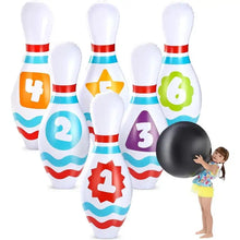 Bowling gonflable géant pour famille avec quilles colorées numérotées et rayures ondulées rouge bleu et orange