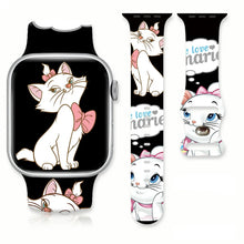 Bracelet apple watch noir en silicone souple avec marie cat blanche au nœud rose et aux yeux bleus design aristochat