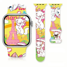 Bracelet apple watch jaune en silicone avec illustrations de marie cat et la tour eiffel pour watch marie cat