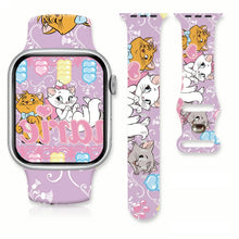 Bracelet apple watch en silicone violet pastel avec des chats marie cat dans un design ludique aristochat