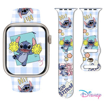 Bracelet apple watch en silicone souple bleu et jaune avec motif couture et motif à carreaux bleu clair
