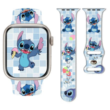 Bracelet apple watch silicone souple bleu avec motif grille clair et personnages cartoon apple watch stitch