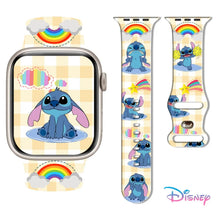 Bracelet apple watch silicone souple bleu à motifs arc-en-ciel et nuage sur fond jaune à carreaux thème stitch
