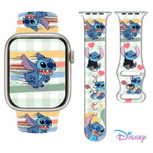 Bracelet apple watch stitch en silicone souple bleu à coutures avec illustrations cartoon colorées et accents cœur