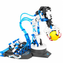 Bras robotique hydraulique bleu et blanc avec tube transparent, saisissant une balle jaune, trois modes de préhension
