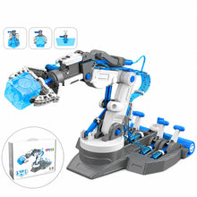 Bras robotique hydraulique bleu et gris avec tube transparent et sphère bleue en prise trois modes de préhension