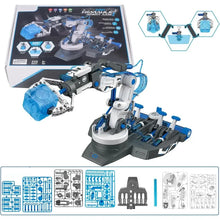 Bras robotique hydraulique bleu et blanc avec composants transparents bleu pour trois modes de préhension