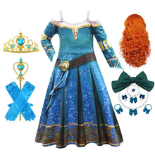 Déguisement princesse brave rebelle bleu pailleté avec galon doré et ceinture marron pour fêtes costumées
