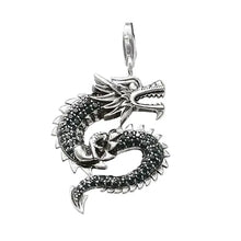 Breloque dragon noir en argent 925 avec zircon et détail pierre noire finition métallique polie