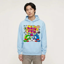 Light blue cotton sweatshirt capuche bubble bobble featuring vibrant bubble bobble graphic with cartoon characters
