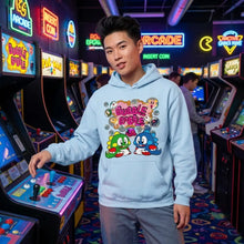 Sweatshirt capuche bubble bobble bleu clair avec graphisme coloré bubble bobble et personnages cartoon