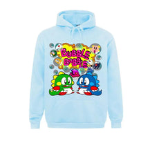 Sweatshirt capuche bubble bobble bleu clair avec graphisme coloré bubble bobble et deux dragons cartoon