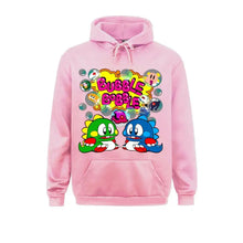 Pink hoodie capuche bubble bobble avec graphisme coloré bubble bobble et deux personnages de dessin animé