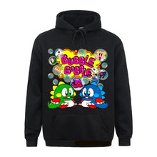 Sweatshirt capuche bubble bobble noir avec graphique coloré de deux dinosaures et motifs de bulles vibrants