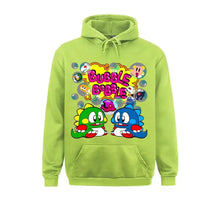 Sweatshirt capuche bubble bobble vert lime avec un graphique vibrant de deux dragons cartoon et bulles colorées