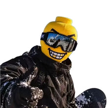 Casque de snowboard jaune lego avec cagoule intégrale en lycra à visage humoristique et lunettes de ski noires