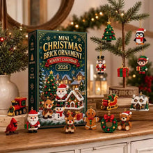 Calendrier de l’avent 2026 avec 24 ornements de noël en briques 2d colorées montrant modèles festifs pour magasins de jouets