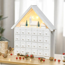 Calendrier de l’avent noël en bois blanc avec lumières led intégrées et miniatures noël dans 24 tiroirs numérotés