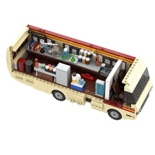 Camping-car de série en briques de construction plastique abs beige avec intérieur détaillé et bouteilles colorées véhicules miniatures