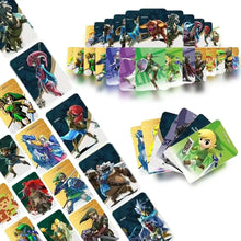 Un ensemble de cartes nfc colorées et brillantes des personnages de la légende de zelda disponibles en magasins de jouets
