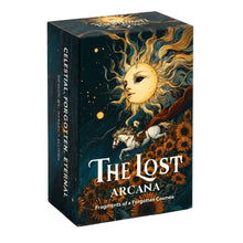 Boîte du jeu cartes tarot anglais the lost arcana avec soleil céleste et cavalier sur fond cosmique bleu nuit