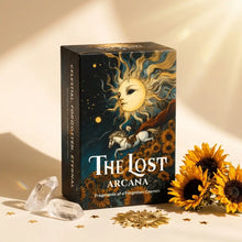 Jeu de cartes tarot anglais the lost arcana avec un soleil céleste à cheveux dorés et un cavalier parmi les tournesols