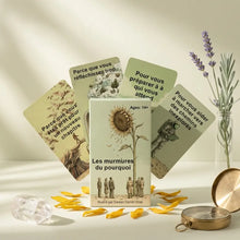Un jeu de cartes beige doux les murmures du pourquoi avec illustration de tournesol et figures pour réflexion personnelle des amateurs d’oracles