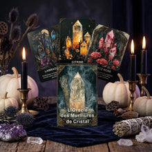 Élégant jeu de cartes tarot français murmures cristal avec illustrations de cristaux de quartz colorés et bordures dorées, idéal pour magasins de jouets et déguisement carnaval