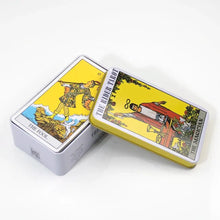 Rectangular metal tin featuring the rider tarot card designs with vibrant yellow backgrounds the fool and the magician
