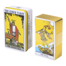 Cartes Tarots Anglais The Rider en étui métal jaune et blanc avec illustrations Rider tarot pour déguisement carnaval